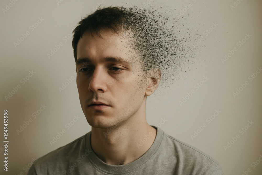 Obraz premium Portrait of pensive man with dissolving pixelated head, conceptualizing memory loss, stress and fragmented identity, generative AI