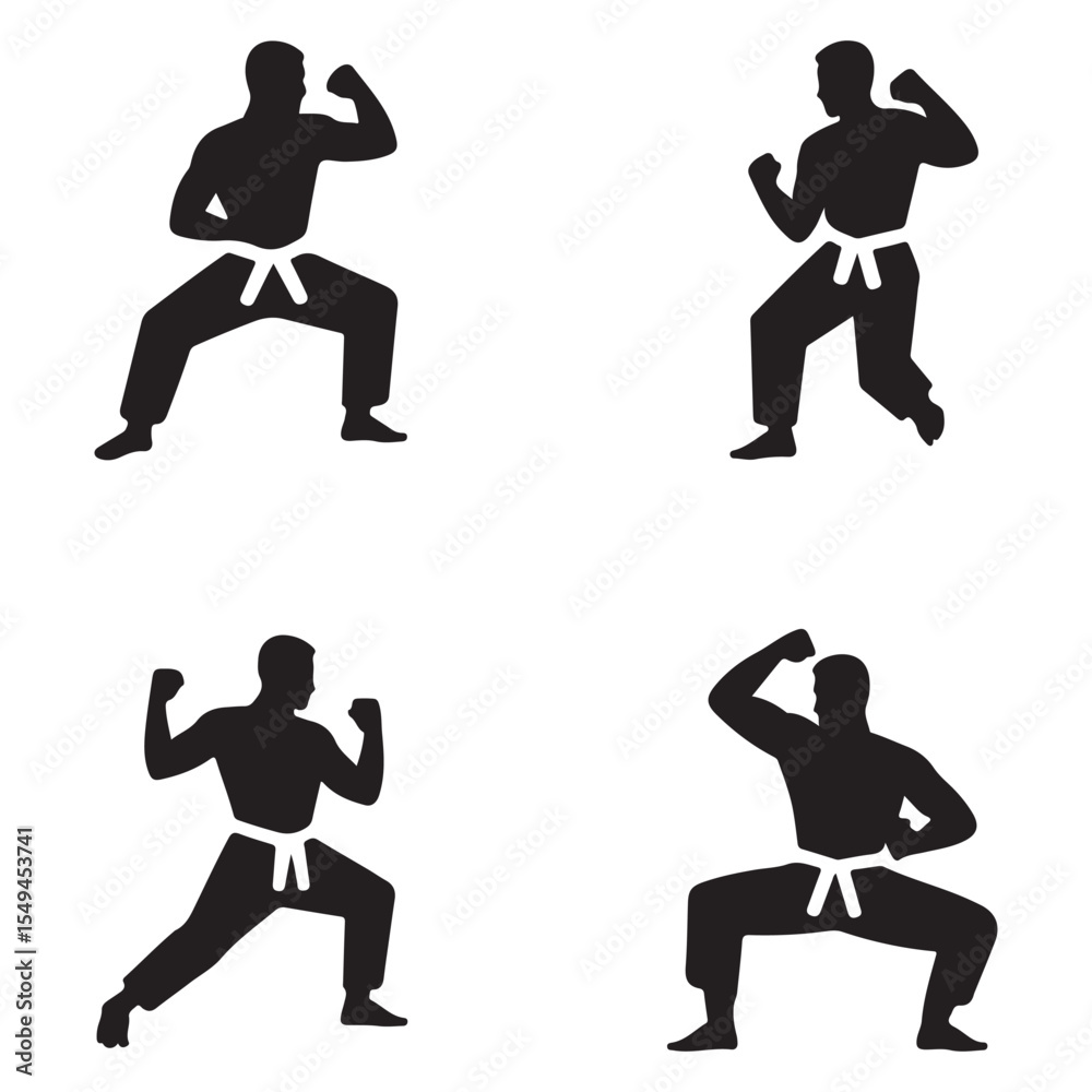 Fototapeta premium Karate Fighter Silhouettes Martial Art Pose Vector with Forgiveness and Focus Theme