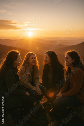 Group of female friends share joyful laughter on mountain summit at glowing sunset, celebrating adventure and connection, generative AI