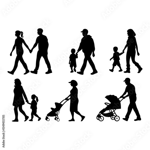 Family silhouette illustration set: A set of illustrations featuring families walking together, ideal for design projects related to family life, relationships, and togetherness.