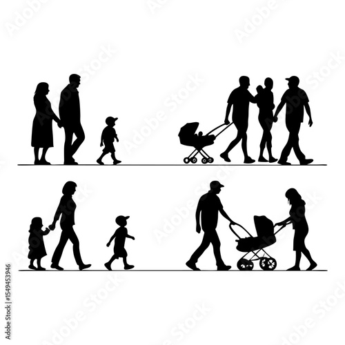 Family silhouettes: Silhouettes depict various families on the move. A diverse cast of parents and children, enjoying family life and the simple act of walking.