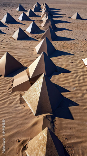 Metallic Pyramids Aligned in Sand Desert Landscape Geometric Pattern Sunlit Shadows Beige Brown Tones Mobile Wallpaper