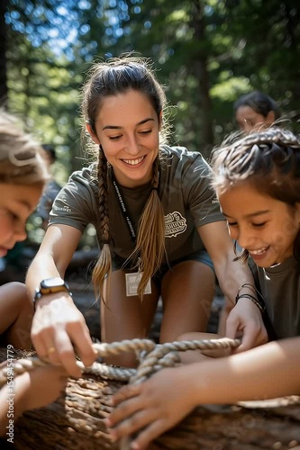 Camp counselor teaching children how to tie knots. Summer camp