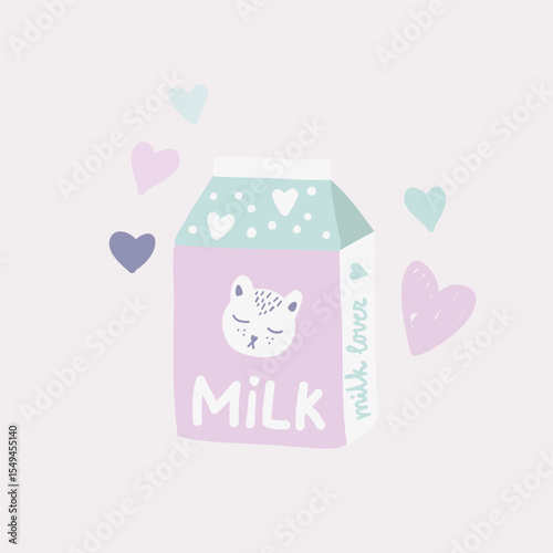 A funny drawing of a milk carton with a cute little cat on it with soft pastel colors, a sticker or a print for a T-shirt.