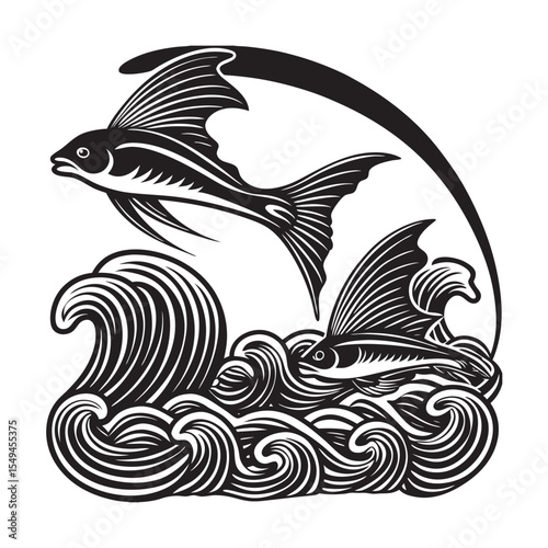 silhouette of flying fish leaping from waves on the white background