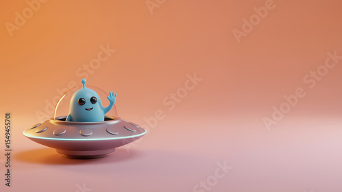 Cute 3D blue alien waving from a UFO. Friendly cartoon character in a flying saucer with copy space on a pink background. World UFO day