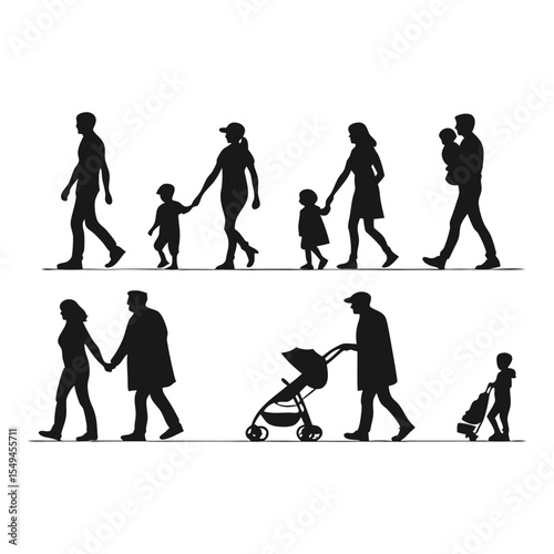 Family Silhouettes: A collection of family silhouettes depicting scenes of parents with children, walking together, pushing a stroller, symbolizing togetherness and familial love.