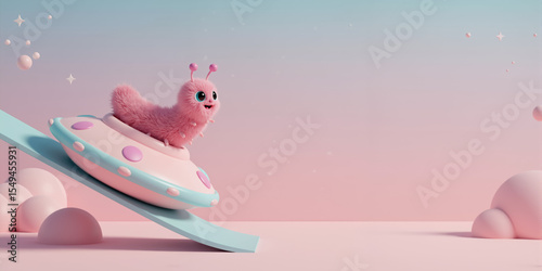 Cute pink furry alien caterpillar in a spaceship. 3D illustration of a whimsical monster on a pastel background with copy space.
