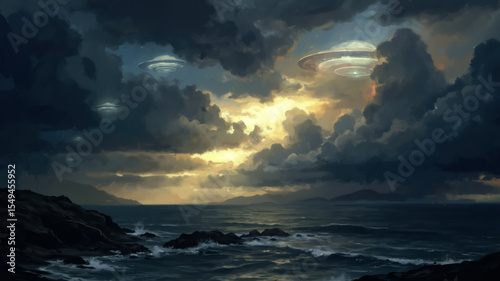 Digital painting of a UFO invasion fleet over a stormy sea. Epic and dramatic sci-fi illustration of alien spaceships at sunset.