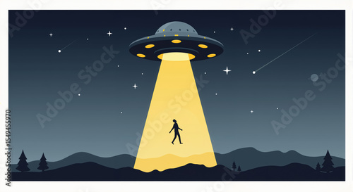 Vector illustration of an alien abduction. UFO shining a light beam on a person in a forest at night.