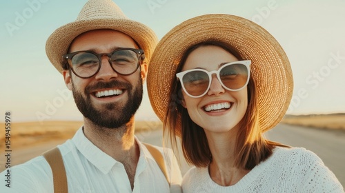 Cheerful couple embarking on an adventurous road trip smiling and enjoying the scenic landscape as they drive along the open road  The image captures a sense of excitement for the journey ahead