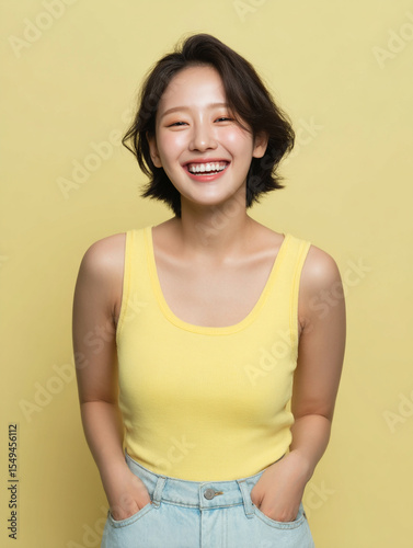 Korean Woman in Yellow Outfit Beauty Shoot, Makeup Editorial, Beauty Stock Photo, K-Beauty Style Portrait, Glamorous Korean Model in simple