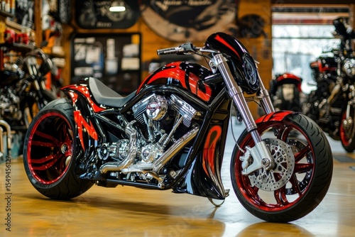 vibrant picture of custom motorcycle standing in repair shop