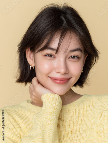Korean Woman in Yellow Outfit Beauty Shoot, Makeup Editorial, Beauty Stock Photo, K-Beauty Style Portrait, Glamorous Korean Model in simple