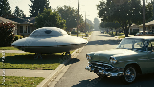 UFO parked on a suburban street next to a vintage car. Retro 1950s scene of a flying saucer on a lawn.