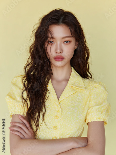 Korean Woman in Yellow Outfit Beauty Shoot, Makeup Editorial, Beauty Stock Photo, K-Beauty Style Portrait, Glamorous Korean Model in simple