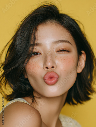 Korean Woman in Yellow Outfit Beauty Shoot, Makeup Editorial, Beauty Stock Photo, K-Beauty Style Portrait, Glamorous Korean Model in simple