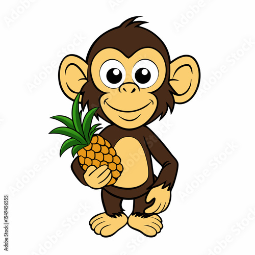 Cute cartoon chimpanzee monkey holding a pineapple. Playful jungle animal with big eyes and smile.Perfect for kids books, educational materials or tropical themed designs .Front view. Isolated vector 