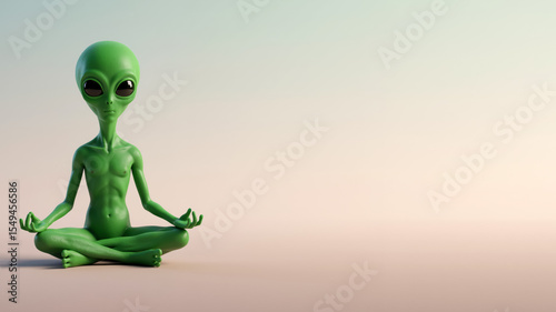 Green alien meditating in a lotus pose. 3D alien character on a plain background with copy space.