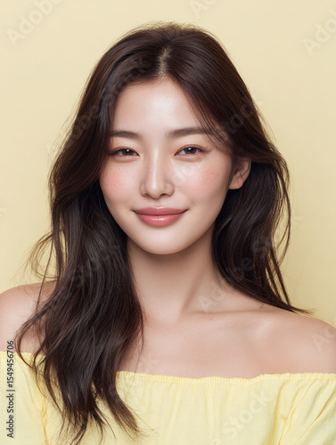 Korean Woman in Yellow Outfit Beauty Shoot, Makeup Editorial, Beauty Stock Photo, K-Beauty Style Portrait, Glamorous Korean Model in simple