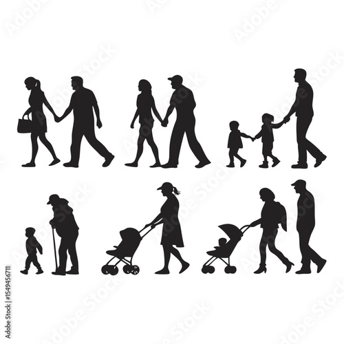 Family Silhouette Illustration: A graphic illustration depicting diverse families and individuals, each captured in dynamic silhouettes as they walk, stroll, and interact.