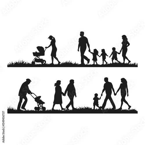 Family silhouettes: A collection of family silhouettes walking together in a park, illustrating love, togetherness, and the simple joys of family life.