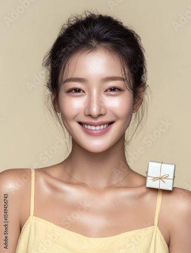 Korean Woman in Yellow Outfit Beauty Shoot, Makeup Editorial, Beauty Stock Photo, K-Beauty Style Portrait, Glamorous Korean Model in simple
