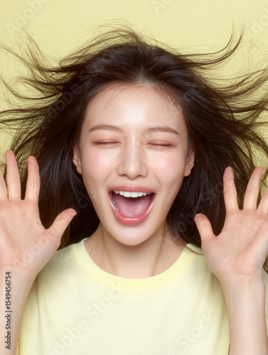 Korean Woman in Yellow Outfit Beauty Shoot, Makeup Editorial, Beauty Stock Photo, K-Beauty Style Portrait, Glamorous Korean Model in simple