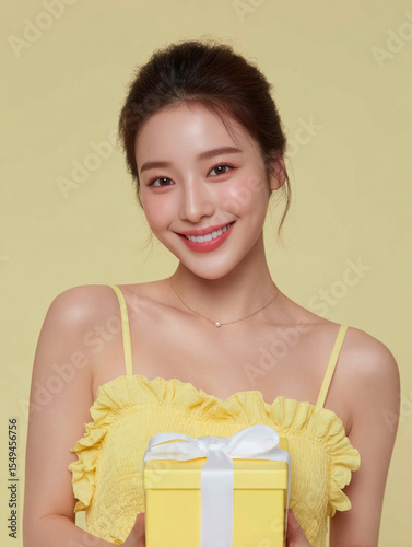 Korean Woman in Yellow Outfit Beauty Shoot, Makeup Editorial, Beauty Stock Photo, K-Beauty Style Portrait, Glamorous Korean Model in simple