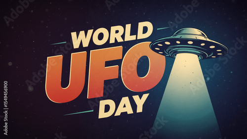 World UFO Day banner with a retro design. Vintage typography and a flying saucer in a starry sky.
