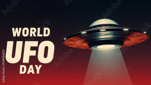 World UFO Day banner with a large spaceship. Holiday design with a detailed UFO on a red and black background.