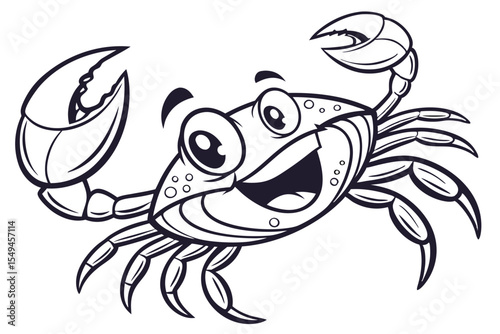 Happy crab character is smiling broadly, with big claws, illustrated in black and white