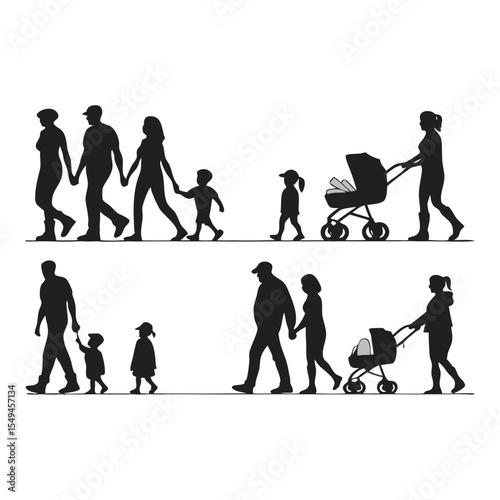 Family Silhouettes Strolling: A set of family silhouettes featuring parents holding children's hands and pushing strollers, captured in a stylized flat vector illustration.