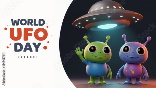 World UFO Day greeting card with cute aliens. Holiday template with two cartoon characters and a spaceship.