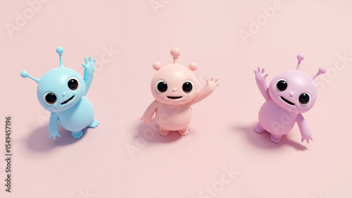 Three cute pastel alien toys on a pink background. Top-down view of adorable 3D characters.
