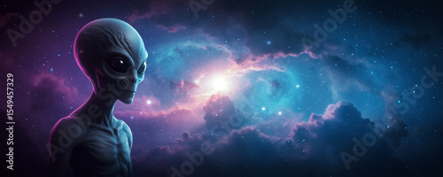 Panoramic banner of a grey alien watching a vibrant nebula in space. Cinematic sci-fi background with an extraterrestrial and a colorful galaxy.