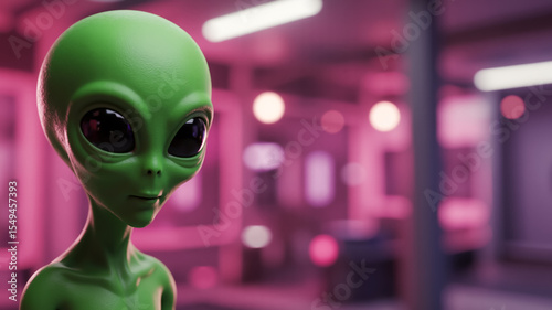 Green alien in a futuristic interior with pink neon lights. 3D character portrait with a blurred background and copy space.