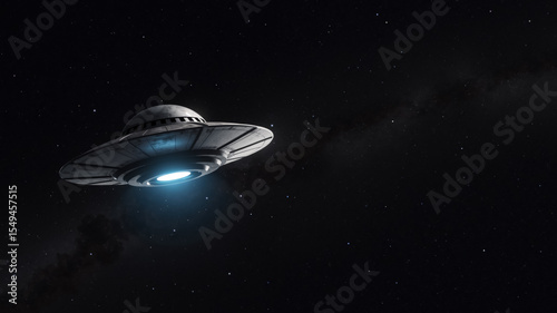 UFO flying through space. 3D render of a flying saucer in a starry sky with copy space.