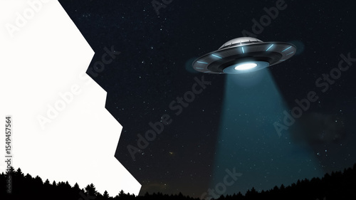 UFO background template with copy space. Flying saucer with a light beam over a forest at night. For a poster or flyer design.
