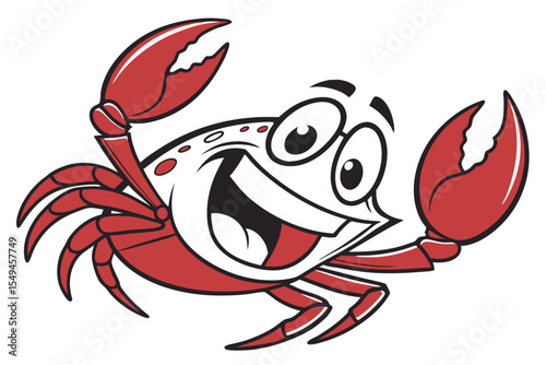 Cheerful cartoon crab with big claws and happy expression waves hello in white background