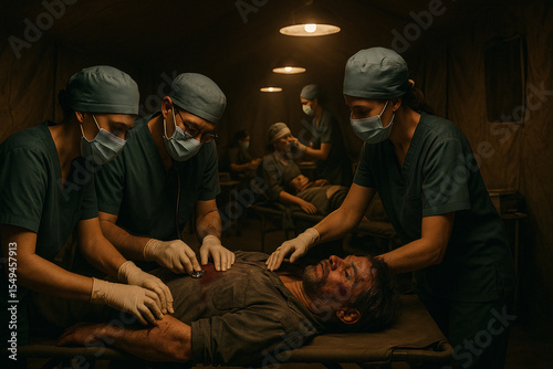 Dramatic wartime surgery scene depicting doctors in scrubs tending to a wounded soldier inside a dimly lit field hospital.