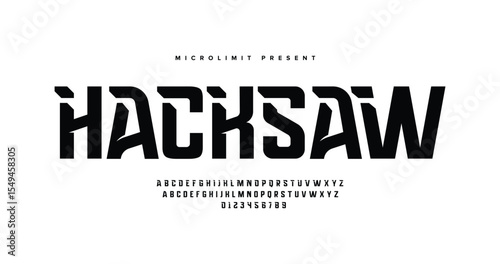 Hacksaw: futuristic and edgy display font featuring A to Z alphabet. Perfect for tech themes, digital posters, and sci-fi projects. Vector letter design in a bold, modern style.