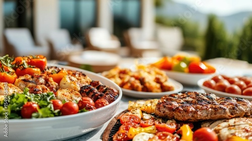 Delicious outdoor barbecue feast set in a cozy modern backyard with a scenic residential home in the background  A variety of grilled meats vegetables