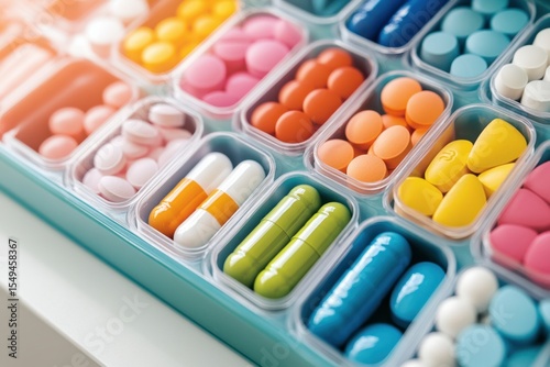 Organized pillbox displaying colorful pharmaceuticals in a lab setting macro viewpoint science concept for health and wellness