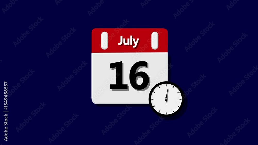 16 July month calendar.   calendar simple icon animation date change time month. Boost your productivity and bule color background.