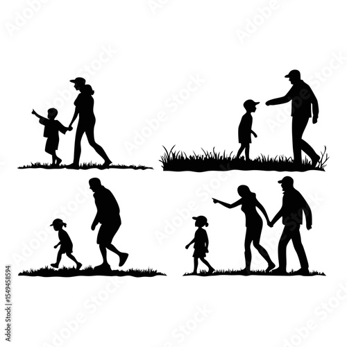 Family Silhouette Walk: A collection of silhouettes captures the essence of familial bonds as parents and children journey together in different settings, walking hand-in-hand or alongside each other.