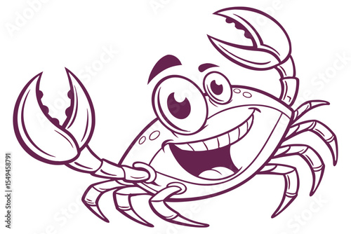 Outlined cartoon crab cheerfully gestures with its claws, featuring a playful, outlined appearance