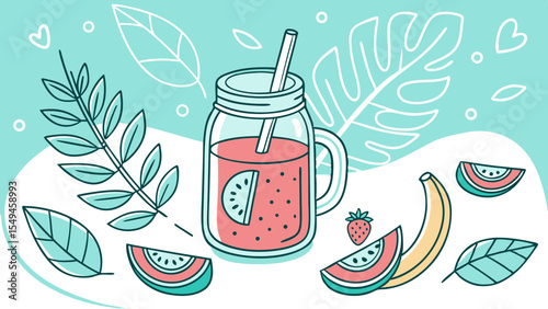 Refreshing Summer Drink: A vibrant illustration of a summer smoothie, featuring fresh watermelon, banana slices, and a sprig of a plant, all arranged against a light aqua backdrop