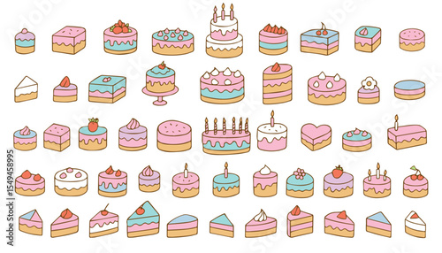 Set of colorful bright cakes, cupcakes. Doodle style. Colorful cakes for International Cake Day and birthday. Vector illustration on white background. Vector 
