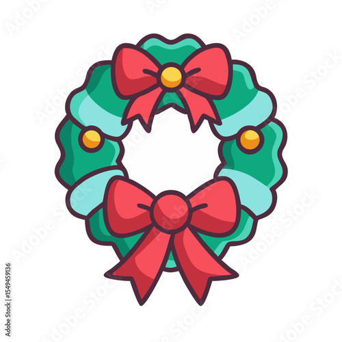 Vector icon of a Christmas wreath with a bow, symbolizing festive decoration, holiday spirit, and seasonal celebration. Isolated on a transparent background